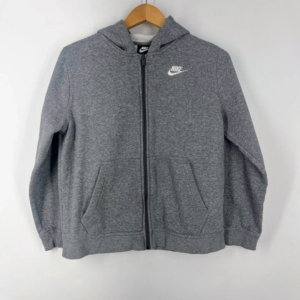 Nike Kids Full Zip Hoodie Heather Gray‎ Fleece Sweatshirt Embroidered Logo